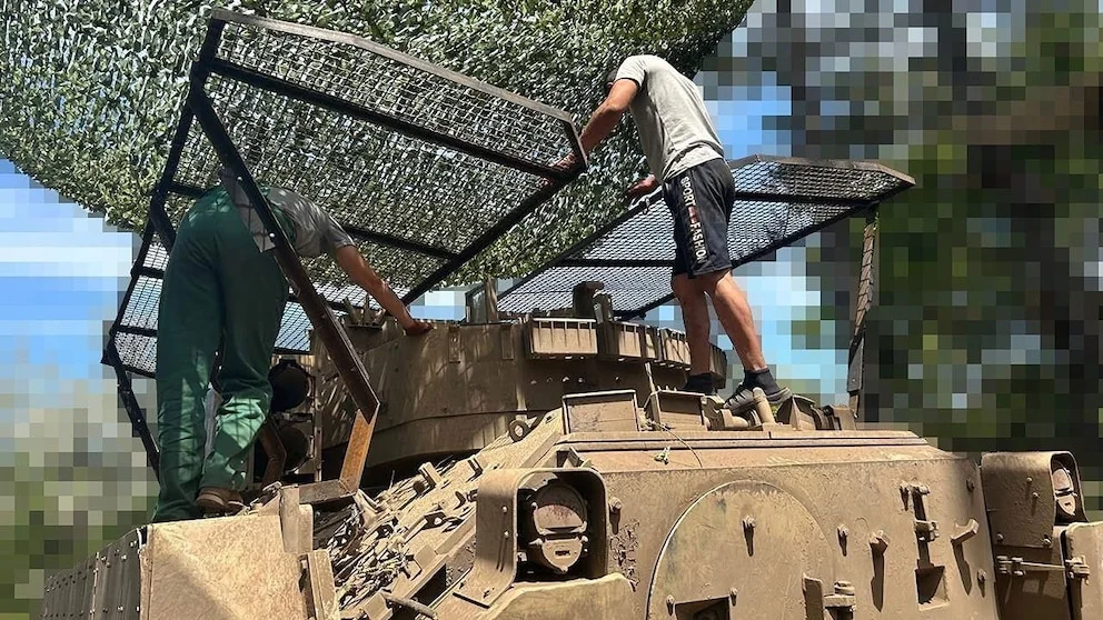 Front view of anti-drone cage armor installation