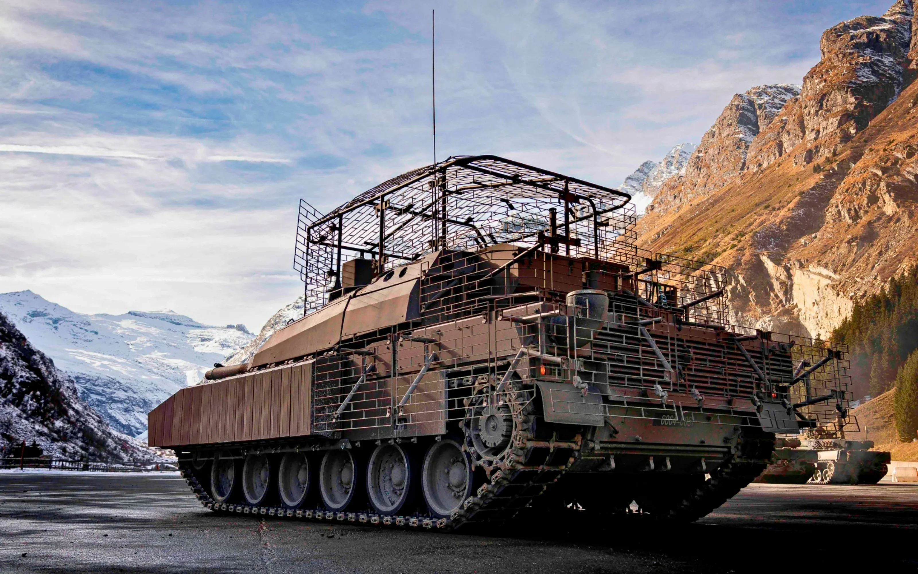 Drone cage armor installed on military vehicle