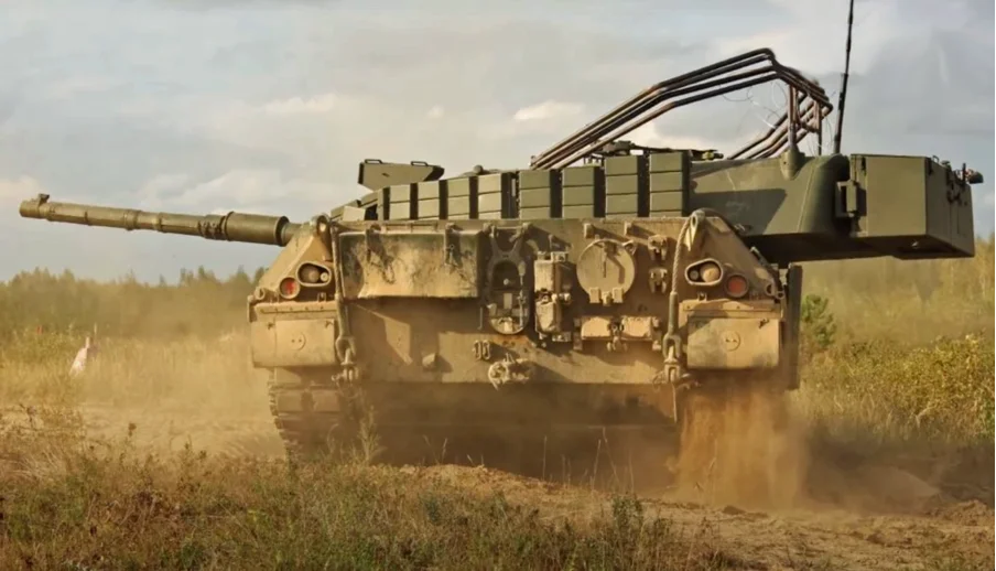 Leopard 2 tank with cage armor installed